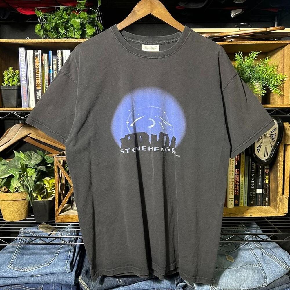 Vintage 90s Stonehenge England Tee Mens XL Faded Black Blue Nature Print Shirt